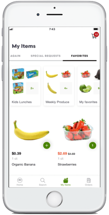 Save go-to grocery lists and tag favorite items to place orders fast.