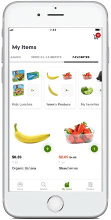 Save go-to grocery lists and tag favorite items to place orders fast.